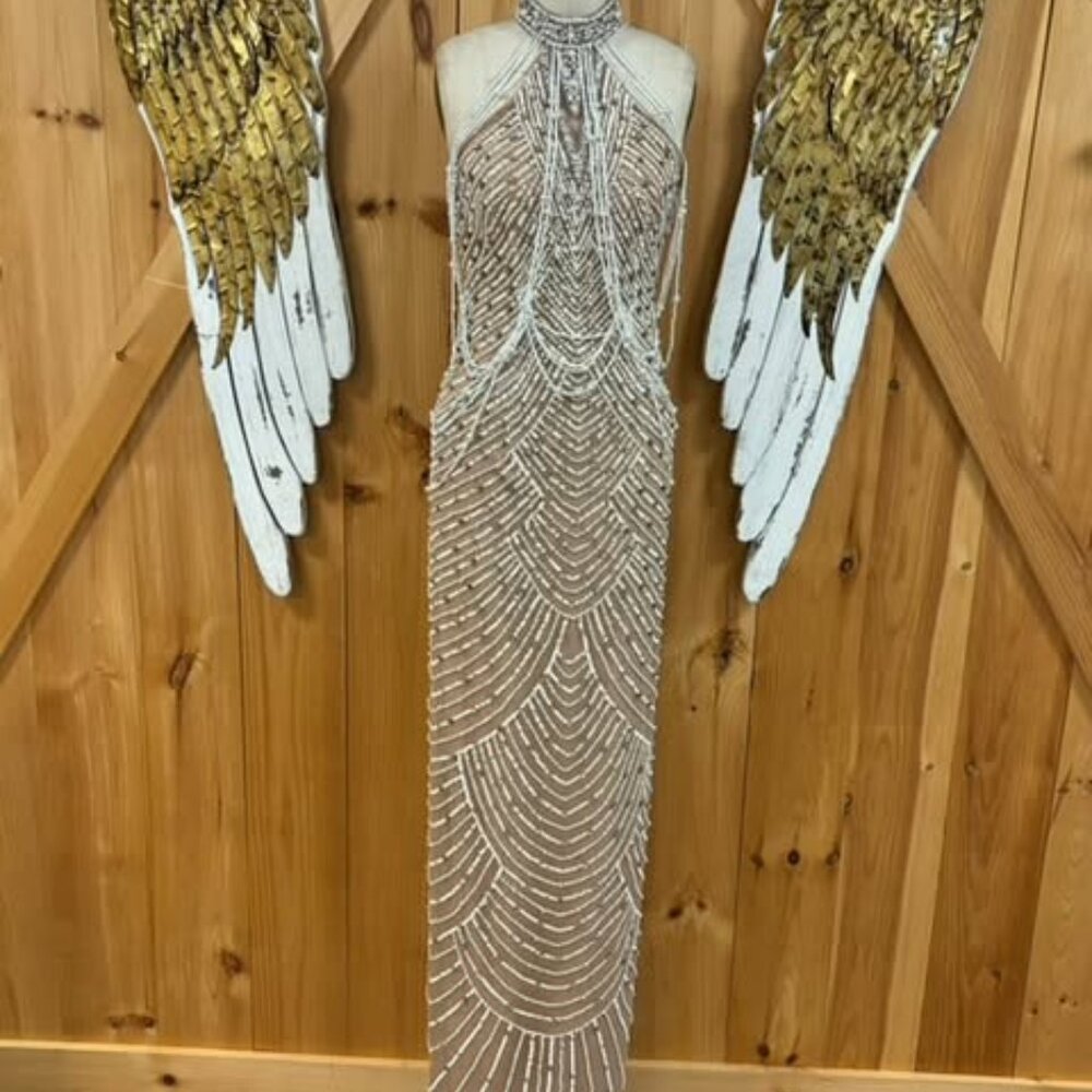 Pearl beaded dress with tan under layer